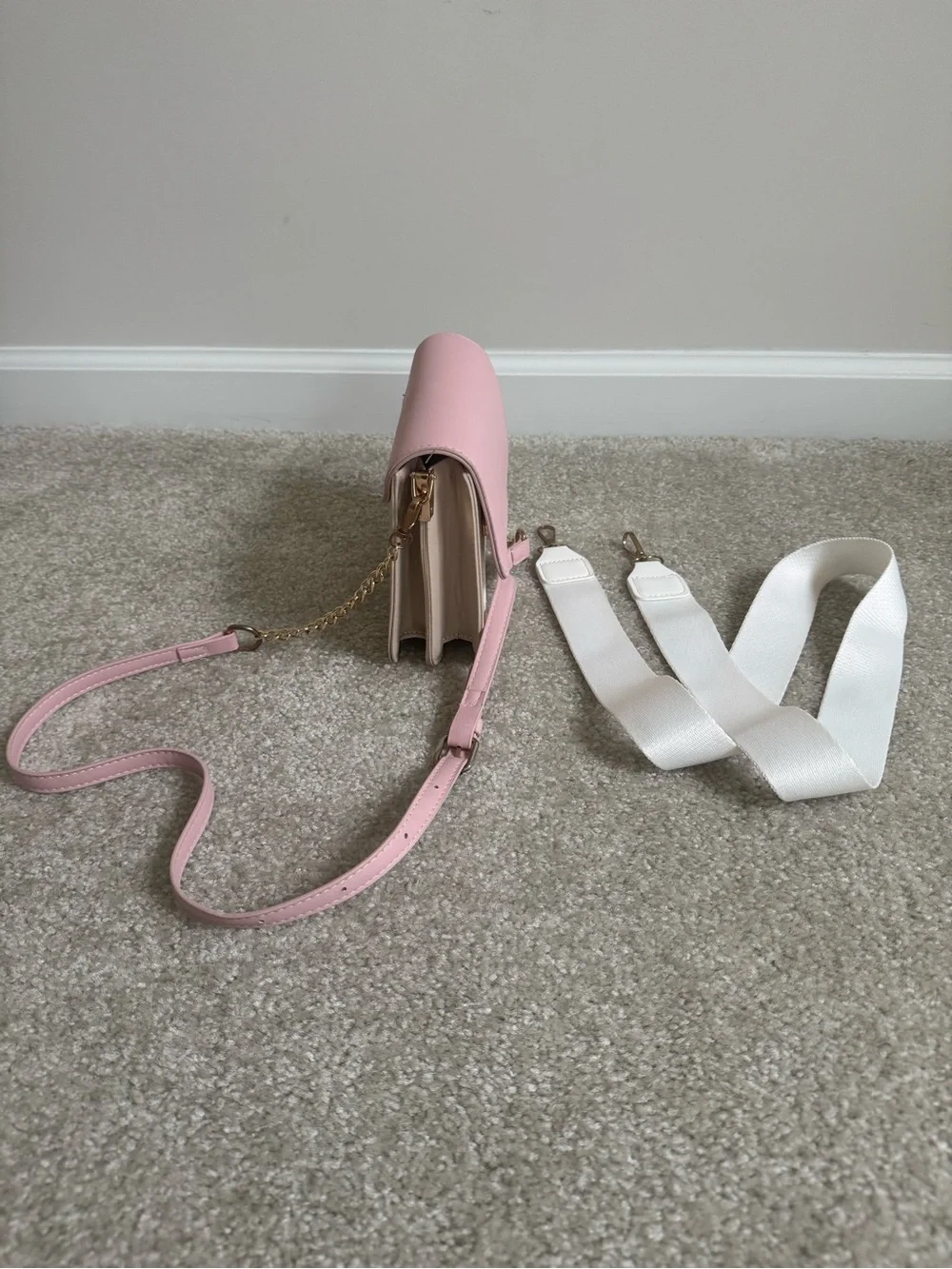 Compact Pink and White Crossbody Bag with Adjustable Strap
